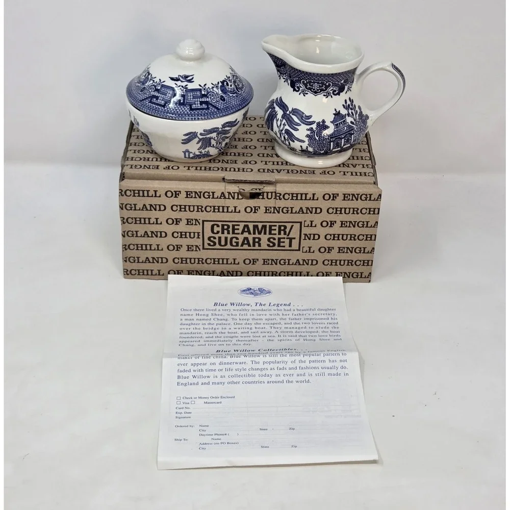 Churchill Blue Willow England Creamer Sugar Bowl Set New in Original Box